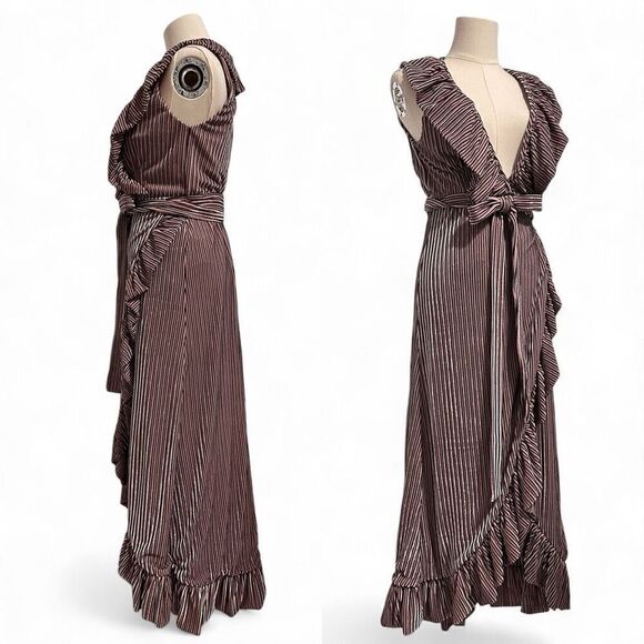MISA Stripe Velvet Ruffle Wrap Midi ‘EVE’ Dress M Plunged V Neck Fairy Romantic - Picture 3 of 14